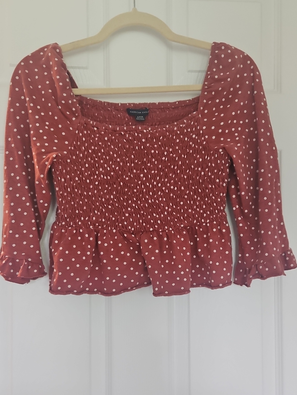 American Eagle Outfitters Rust Red Polka Dot Smocked Peplum Cropped Blouse
